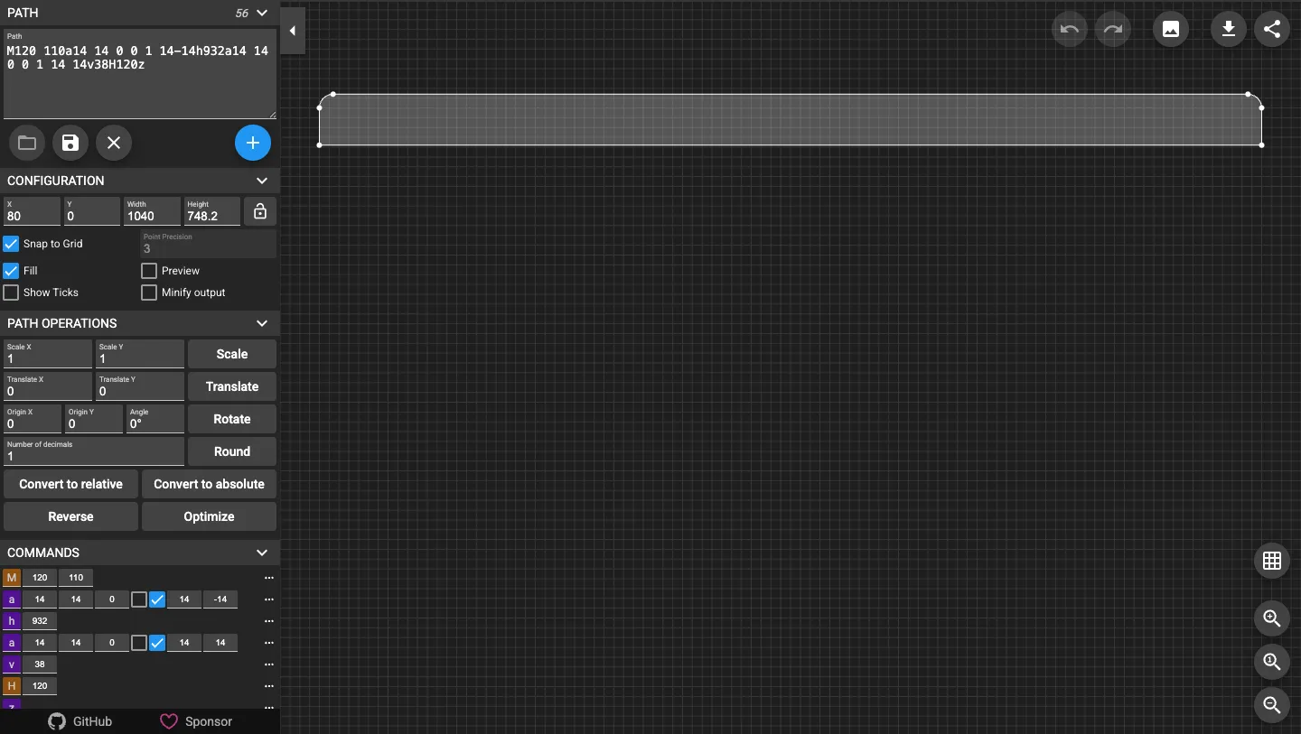 L'interface de SVG Path Editor, avec le chemin en texte à gauche, ses commandes décomposées ligne par ligne, et la forme et ses points de contrôle à droite
