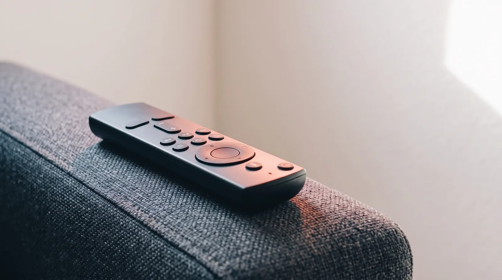 Une télécommande de télévision posée sur l'accoudoir d'un canapé dans l'obscurité, éclairée par une seule lumière corail rasante