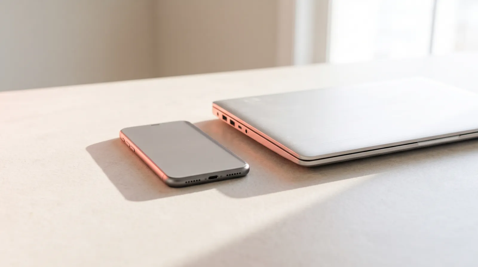 Un téléphone à l'écran éteint posé sur un bureau sombre, à côté d'un ordinateur portable fermé, aucun câble entre les deux, une seule lumière corail rasante