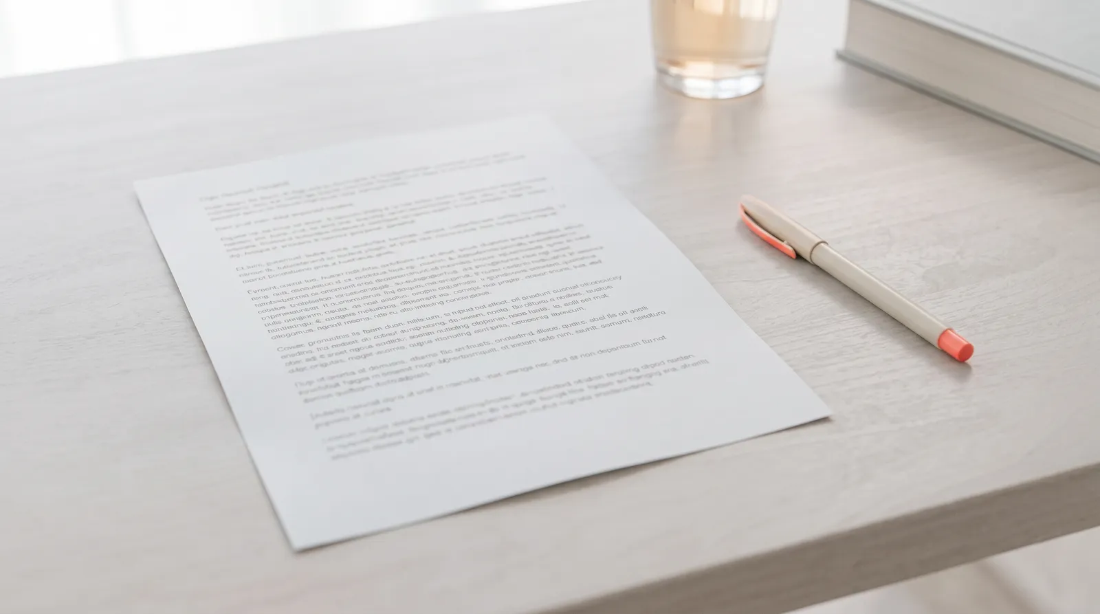 Une feuille imprimée posée sur un bureau noir, un stylo rouge intact à côté, aucune annotation sur la page, sous une seule lumière corail