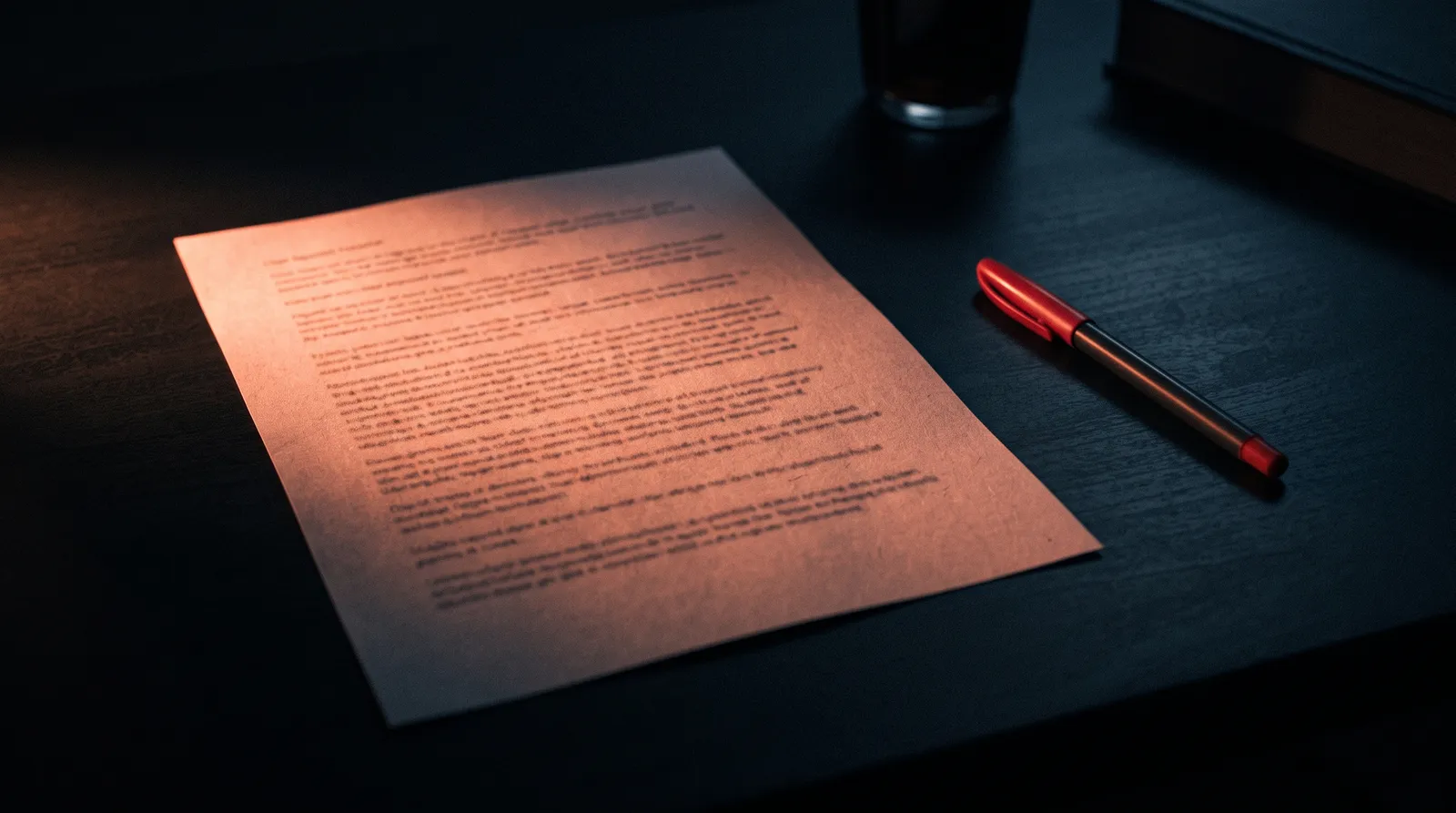 Une feuille imprimée posée sur un bureau noir, un stylo rouge intact à côté, aucune annotation sur la page, sous une seule lumière corail
