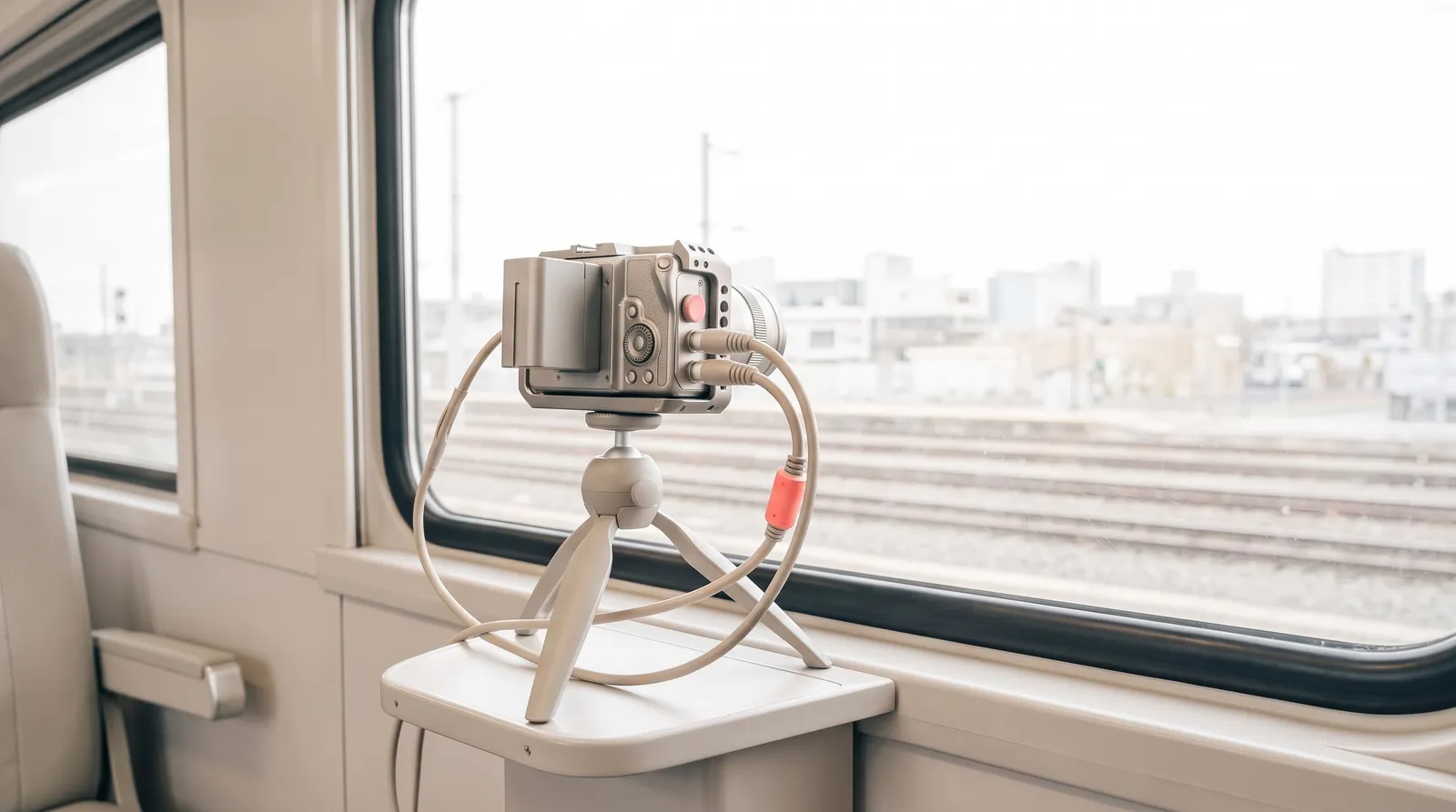 Un appareil photo noir sur un petit trépied posé sur la tablette d'un train de nuit, devant la vitre où les lumières extérieures s'étirent en longues traînées horizontales