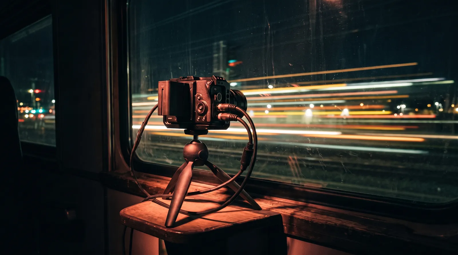 Un appareil photo noir sur un petit trépied posé sur la tablette d'un train de nuit, devant la vitre où les lumières extérieures s'étirent en longues traînées horizontales