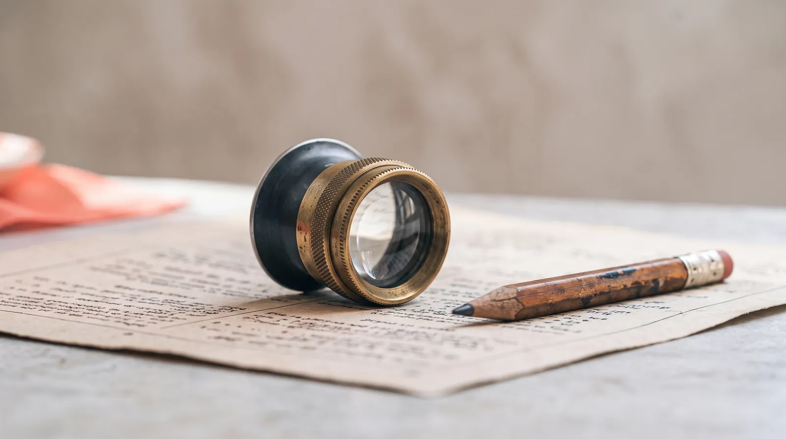Une loupe d'horloger posée sur une feuille imprimée, dans le noir, éclairée par une seule lumière corail rasante