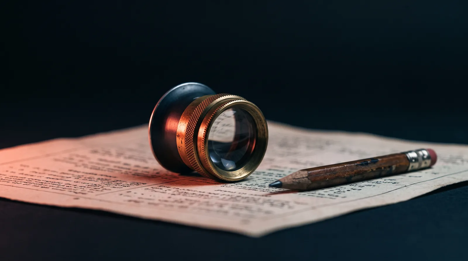 Une loupe d'horloger posée sur une feuille imprimée, dans le noir, éclairée par une seule lumière corail rasante