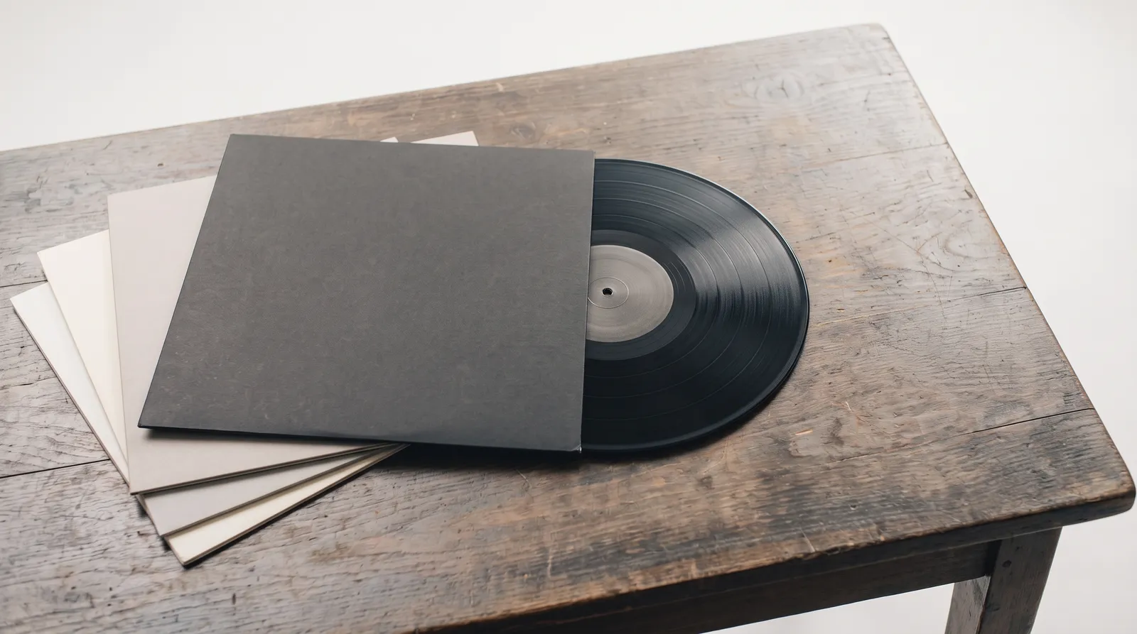 Une pile de pochettes de disques vinyle posée dans l'obscurité, la première légèrement sortie, éclairée par une seule lumière corail rasante