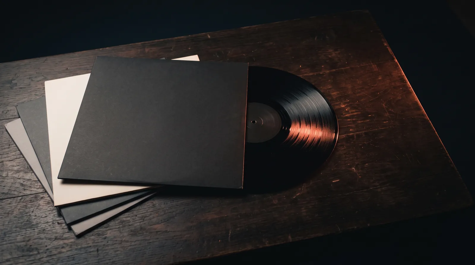 Une pile de pochettes de disques vinyle posée dans l'obscurité, la première légèrement sortie, éclairée par une seule lumière corail rasante