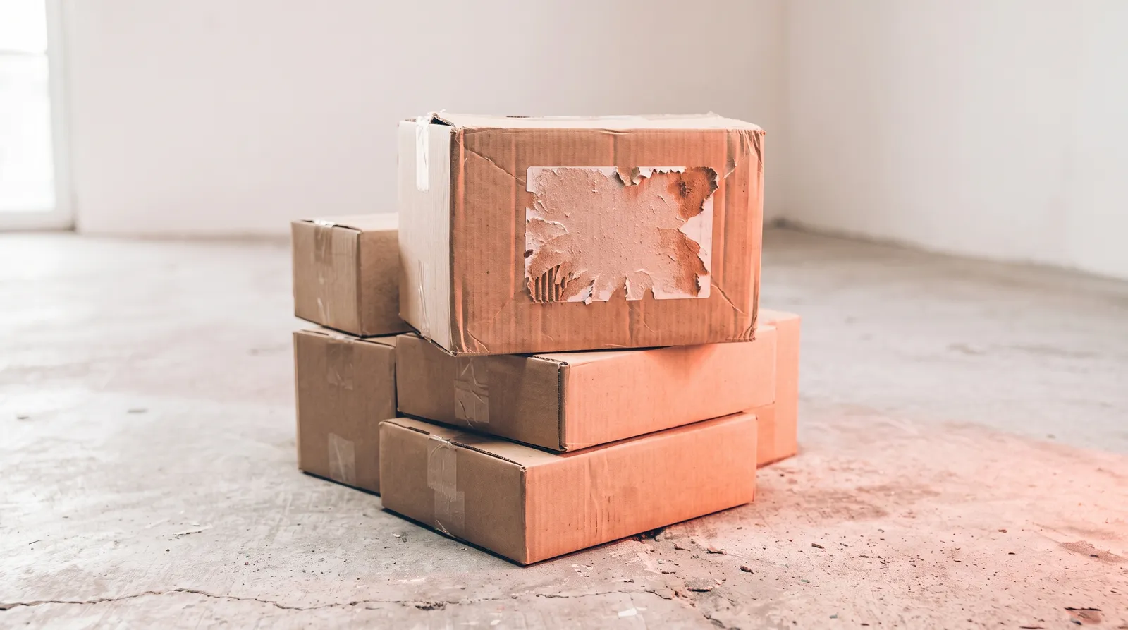 Des cartons d'emballage vides et renversés sur un sol de béton, dans le noir, éclairés par une seule lumière corail rasante
