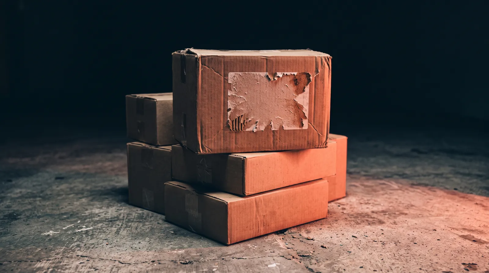 Des cartons d'emballage vides et renversés sur un sol de béton, dans le noir, éclairés par une seule lumière corail rasante