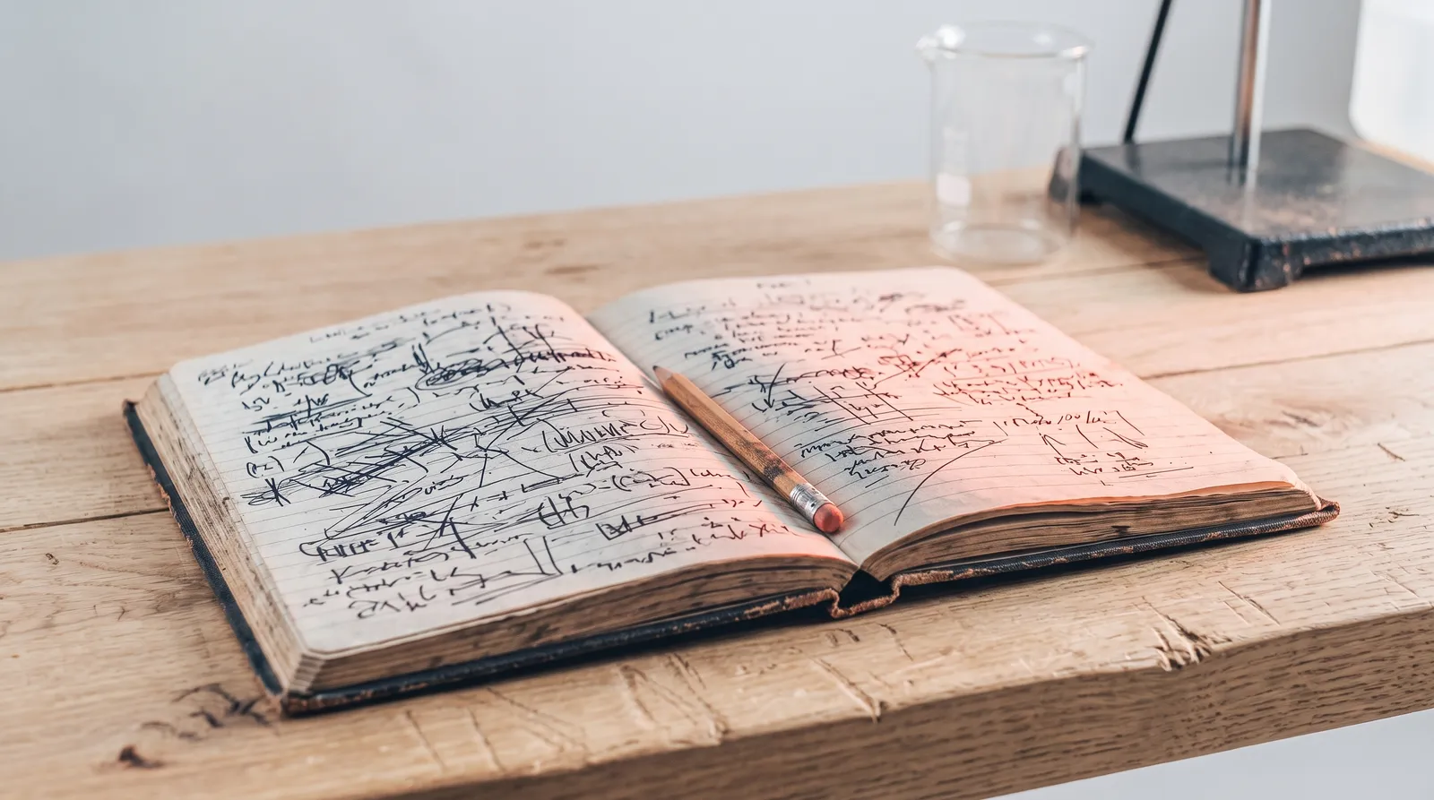 Un carnet de laboratoire ouvert sur un établi en bois, ses deux pages couvertes de notes manuscrites et de ratures, un crayon posé dans la pliure, dans une pièce sombre éclairée par une seule lumière corail rasante