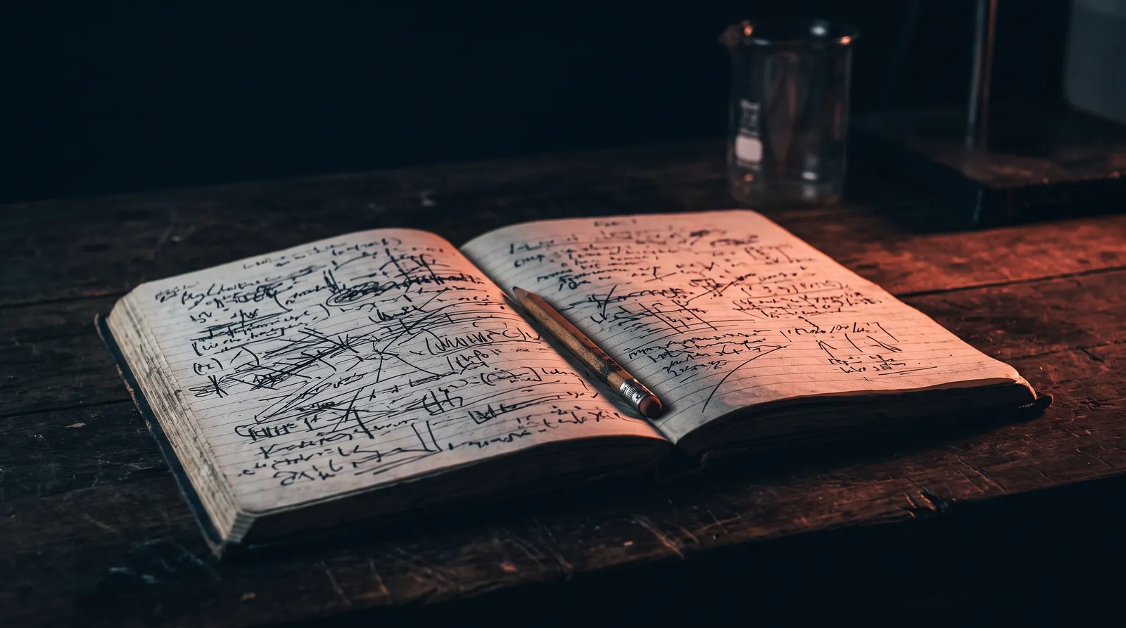 Un carnet de laboratoire ouvert sur un établi en bois, ses deux pages couvertes de notes manuscrites et de ratures, un crayon posé dans la pliure, dans une pièce sombre éclairée par une seule lumière corail rasante