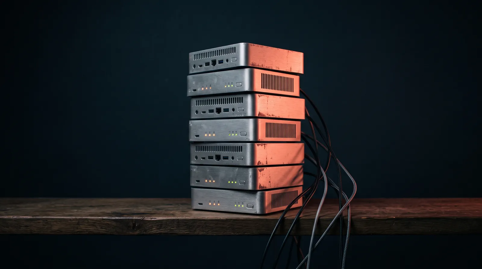 Une pile de petits ordinateurs de bureau empilés dans le noir, éclairés par une seule lumière corail rasante