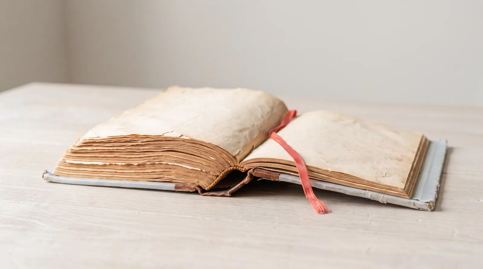 Un vieux livre relié ouvert à plat sur une table, le gros des pages lues à gauche et une poignée de pages restantes à droite, un signet en ruban sortant de la reliure, dans le noir, sous une lumière corail rasante